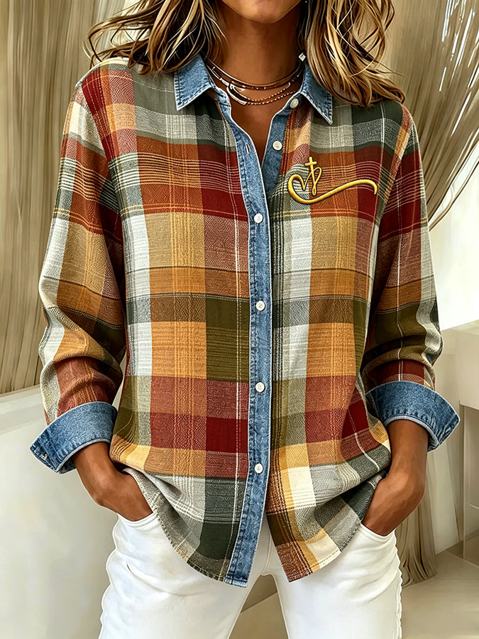 Women'S Paid Printed Lapel Long Sleeved Shirt