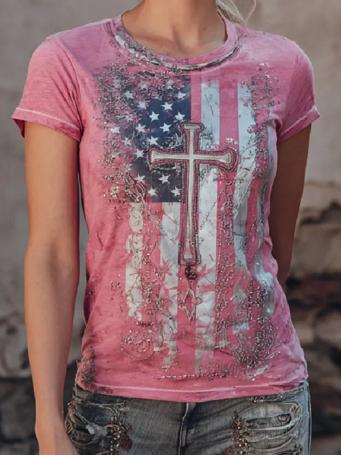 Retro Casual American Flag Cross Faith T-Shirt