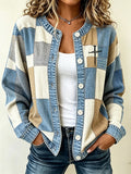 Ladies' Contrasting Color Casual Printed Knitted Cardigan Top