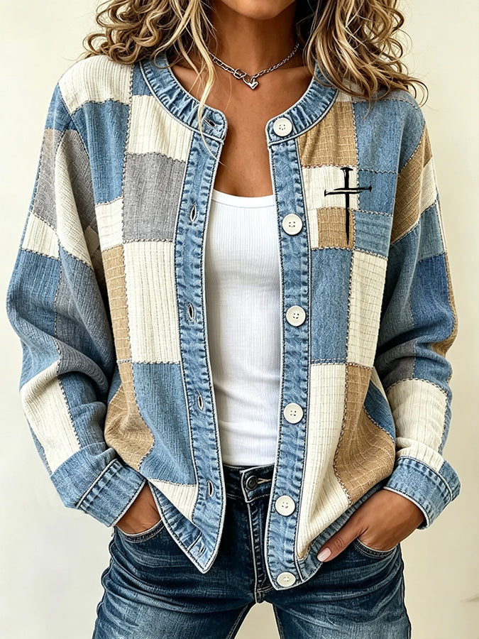 Ladies' Contrasting Color Casual Printed Knitted Cardigan Top