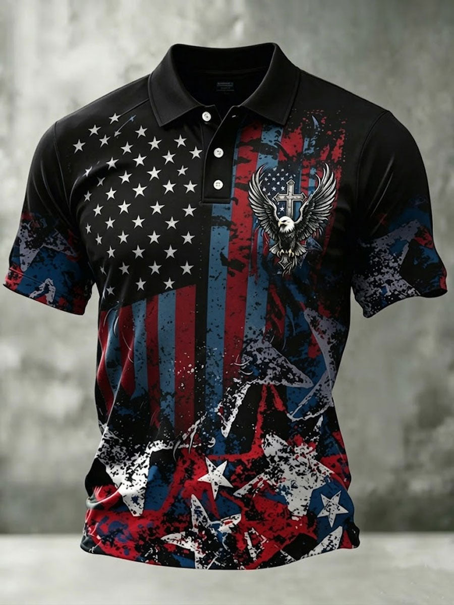 Men'S Retro Patriotic Color-Block Short-Sleeve Polo Shirt