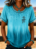 Women's Casual Cotton Linen Gradient Retro Floral Hollow T-Shirt