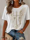 Women'S Faith Rose Wings Three-Dimensional Cross Vintage Print Short Sleeve T-Shirt