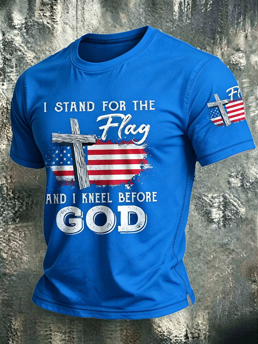 American Faith Cross Slogan Commemorative Print Round Neck T-Shirt