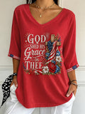 Women's Independence Day Printed V-Neck 3/4 Sleeve Casual T-Shirt