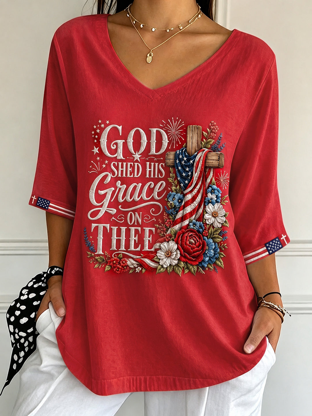 Women's Independence Day Printed V-Neck 3/4 Sleeve Casual T-Shirt