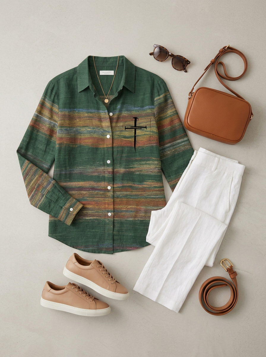 Women's Autumn Faith Cross Striped Printed Button-up Shirt