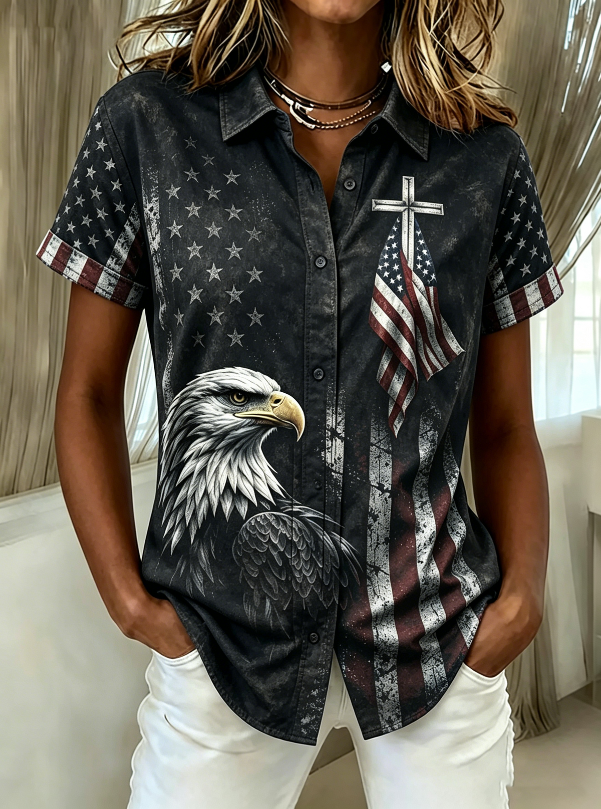 A Shirt With Floral Embroidery Flag Print And Short Sleeves In The Western United States