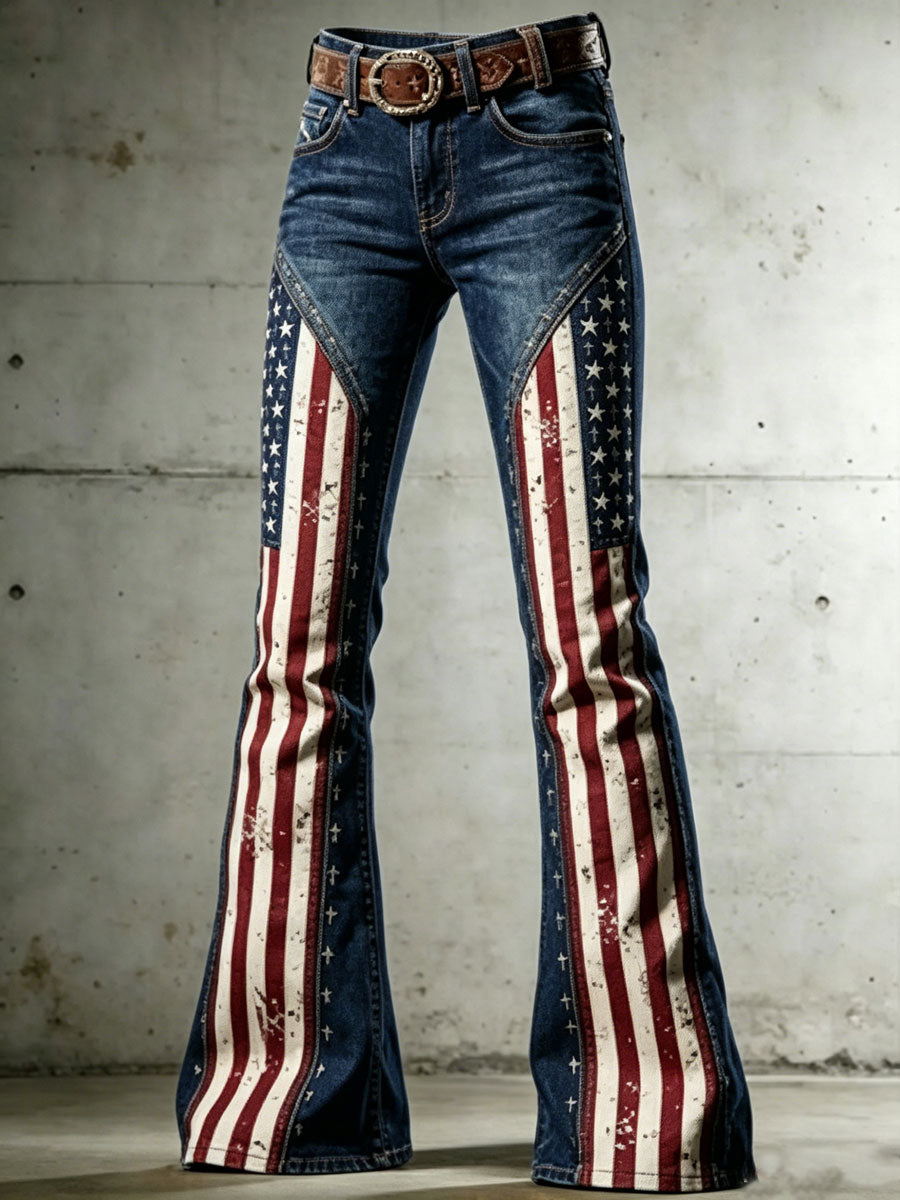 Ladies' American Flag Pattern Cross Printed Trumpet Pants