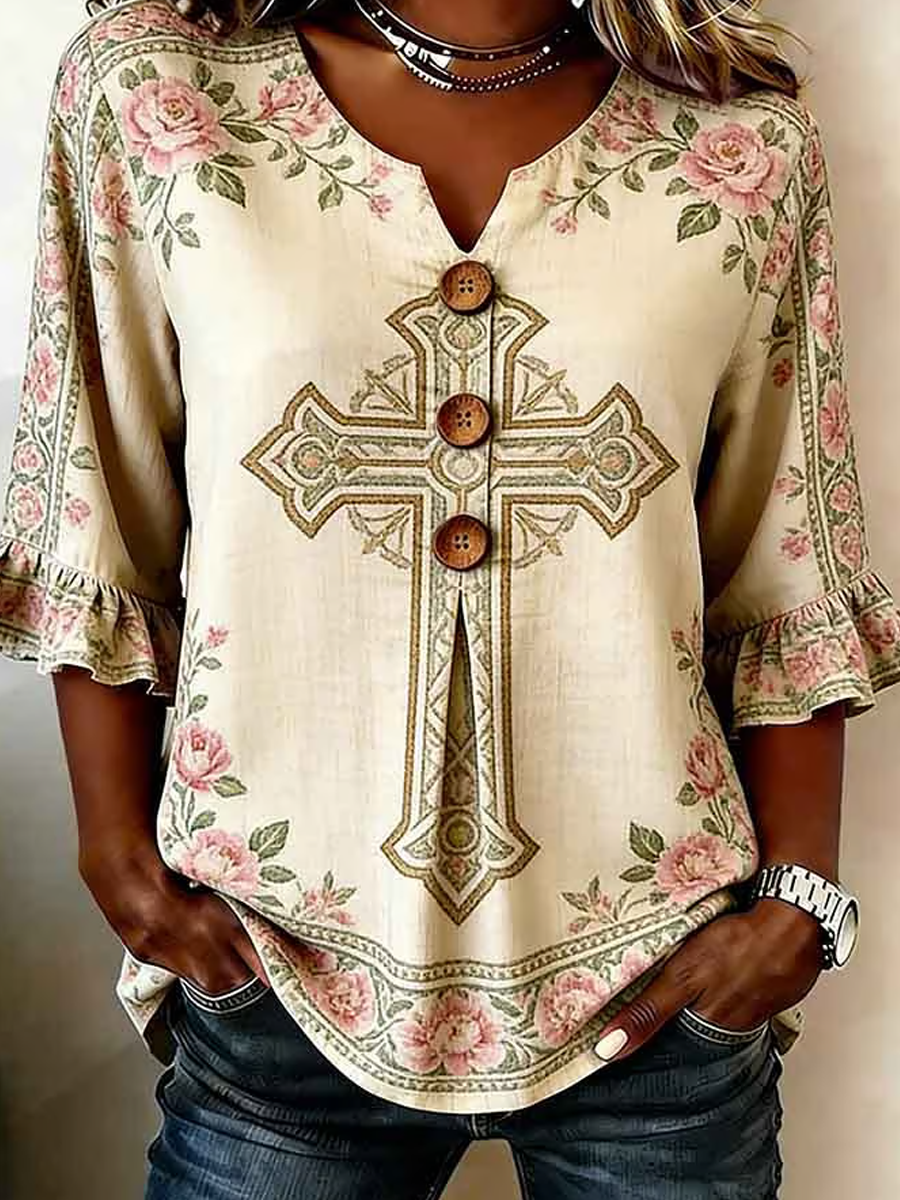Women's Retro Faith Floral Print Top