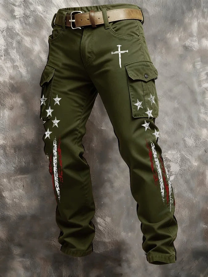 Men'S Casual American Flag Faith Cross Personalized Printed Workwear Pants