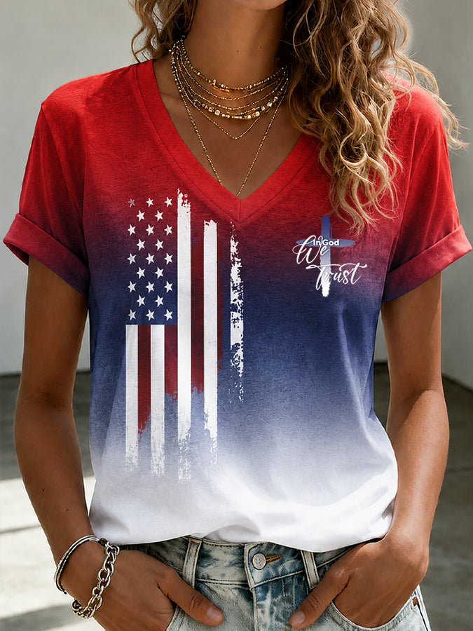 Women'S American Flag And Faith Casual T-Shirt