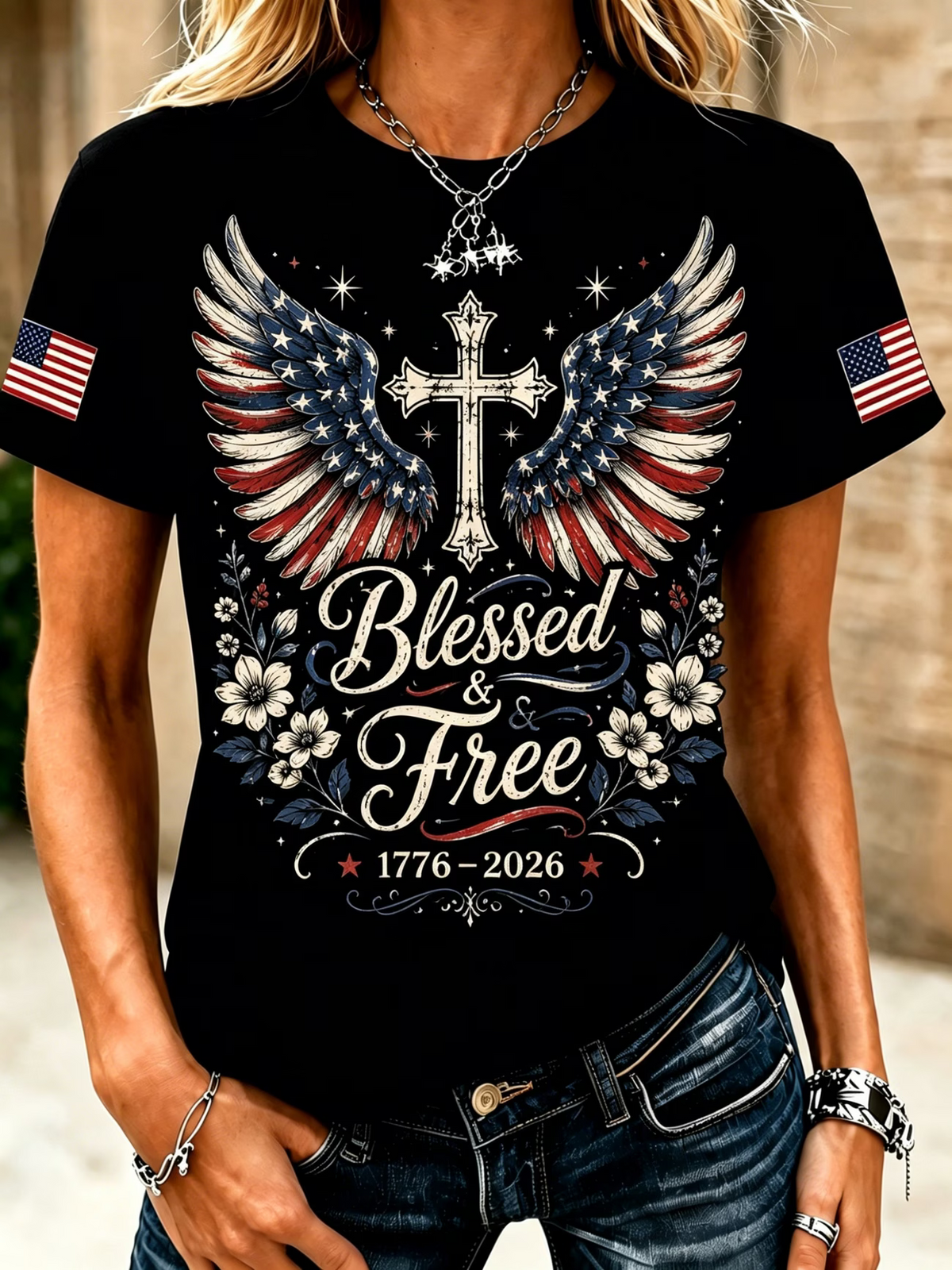 American Flag Faith Cross Commemorative Print Round Neck T-Shirt