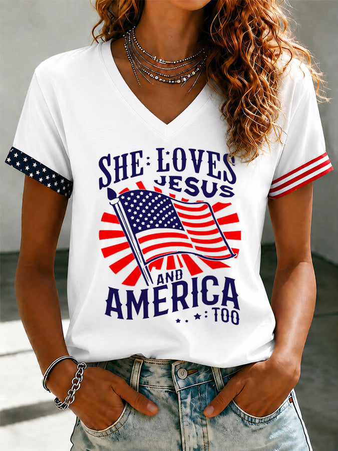 Women's Love for Jesus and American Too V-Neck T-shirt