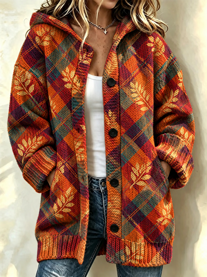 Women's Autumn Grid Hooded Knit Cardigan