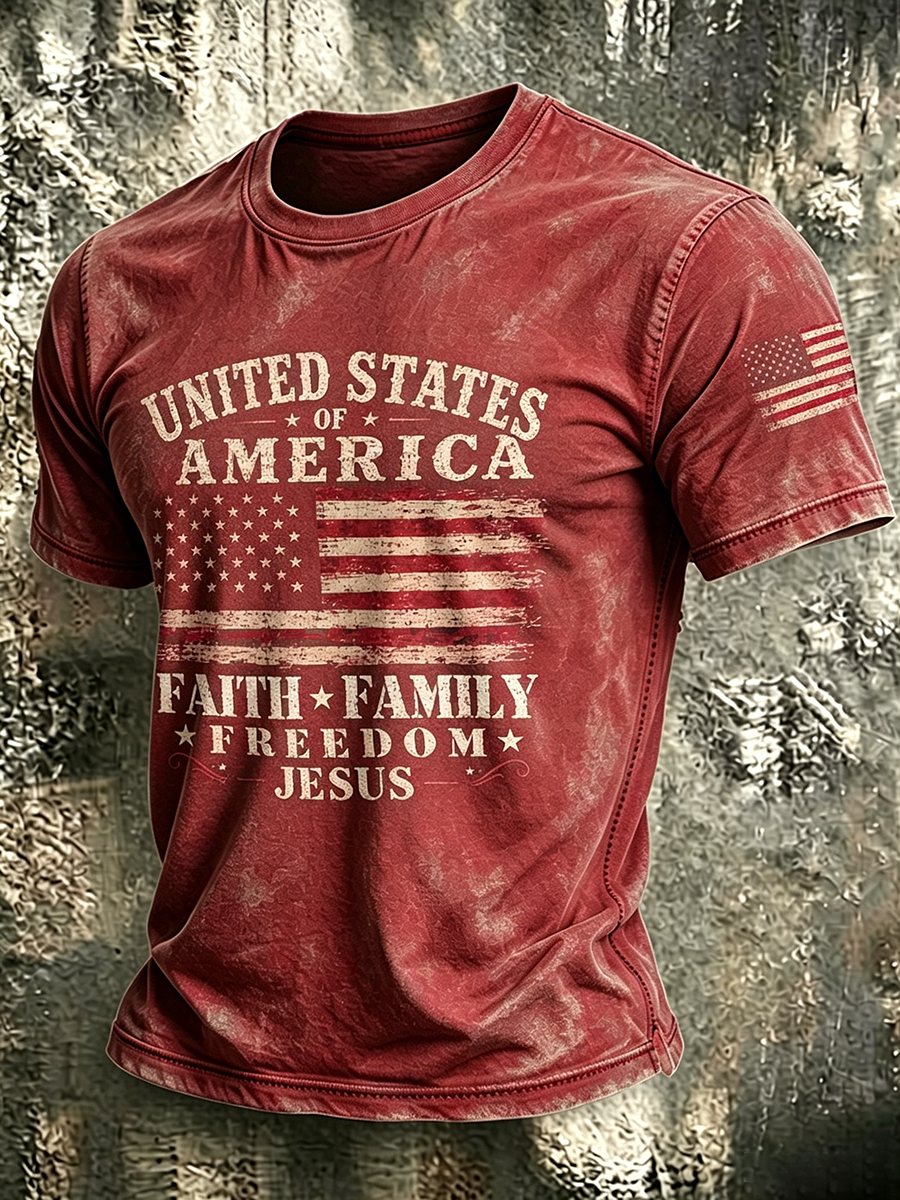 American Flag Faith Commemorative Printed Washed Round Neck T-Shirt