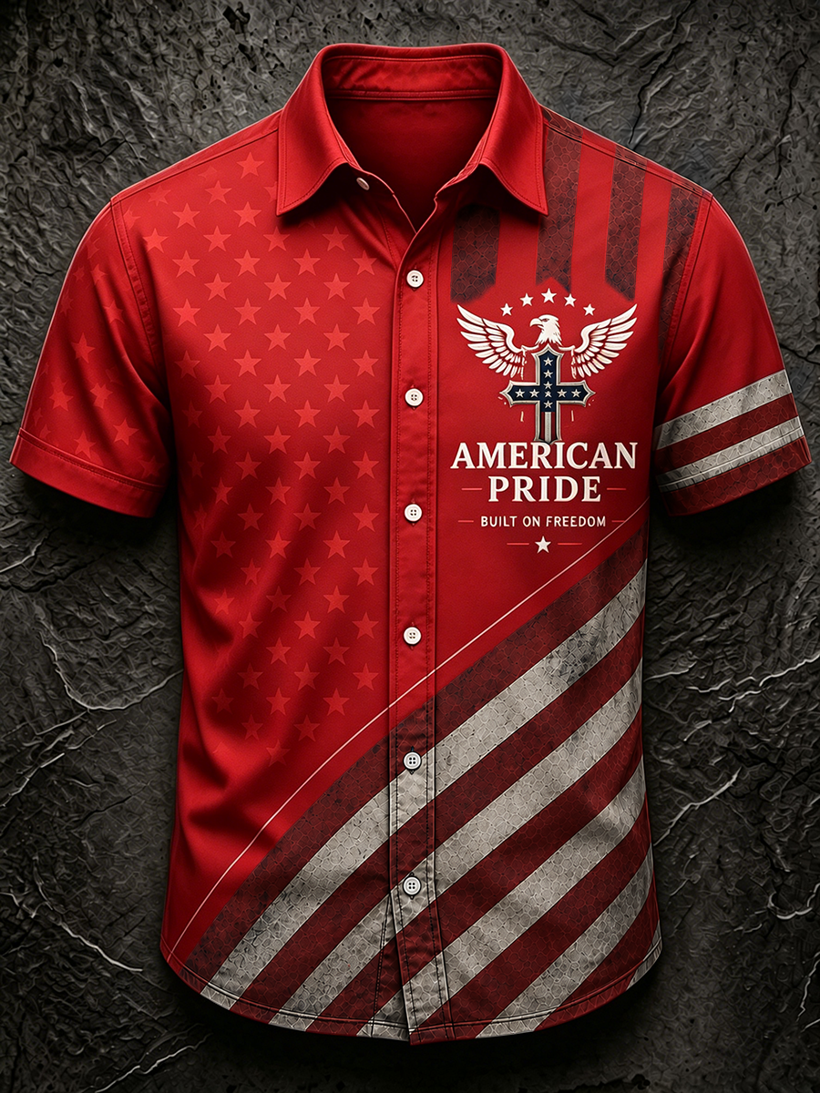 Men's Eagle Cross American Flag Vintage Print Lapel Short Sleeve Button Down Shirt