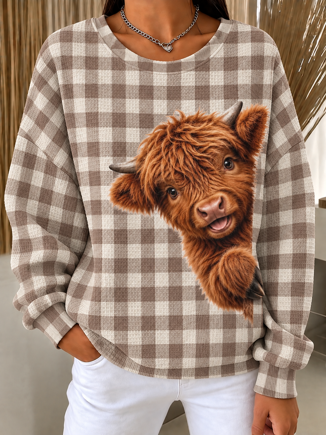 Women'S Autumn Highland Cattle Print Waffle Casual Sportswear