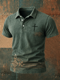 Men's Western Cross Aztec Geometric Vintage Wash Polo Shirt