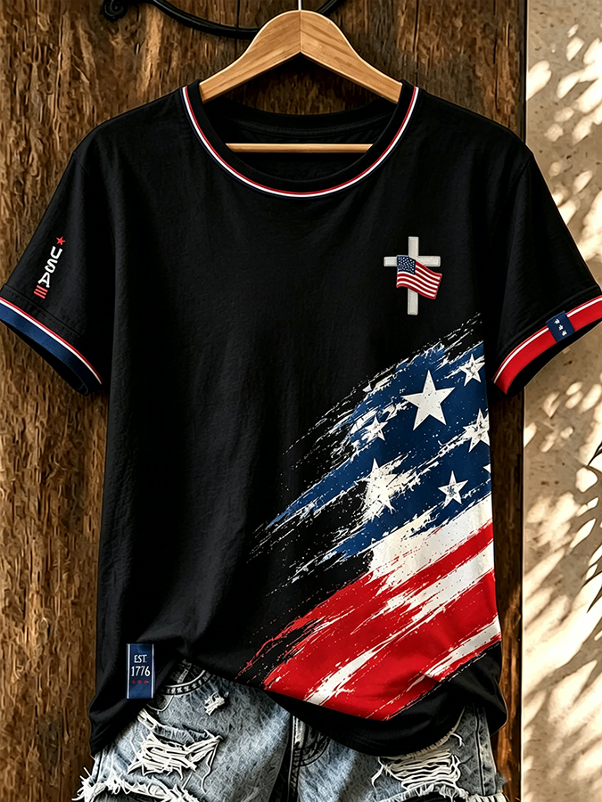 Women'S American Patriotic Cross Round Neck T-Shirt