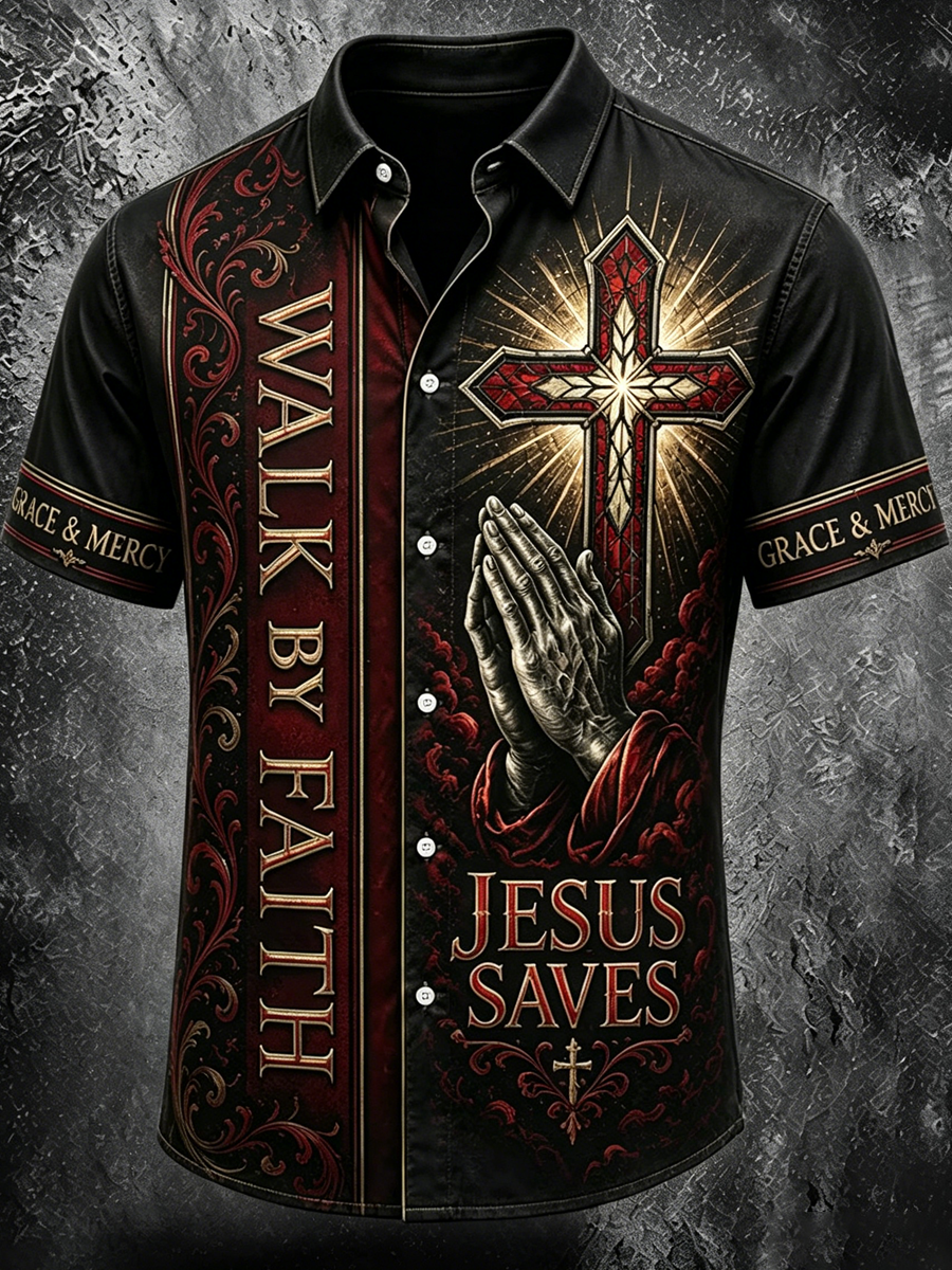 Men's Religious Faith Cross Printed Casual Shirt