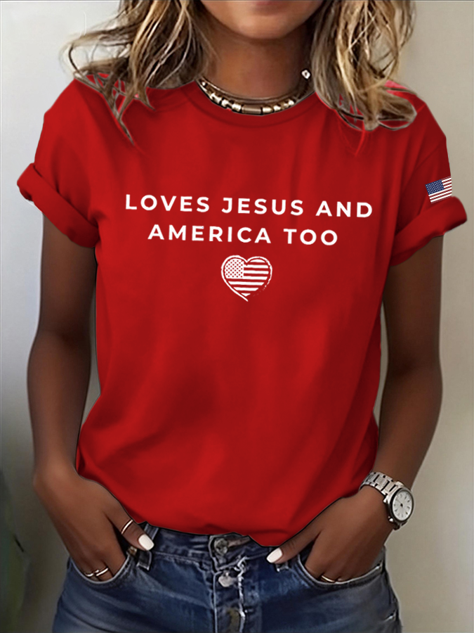 Women'S Loves Jesus and America Too Print Casual Top