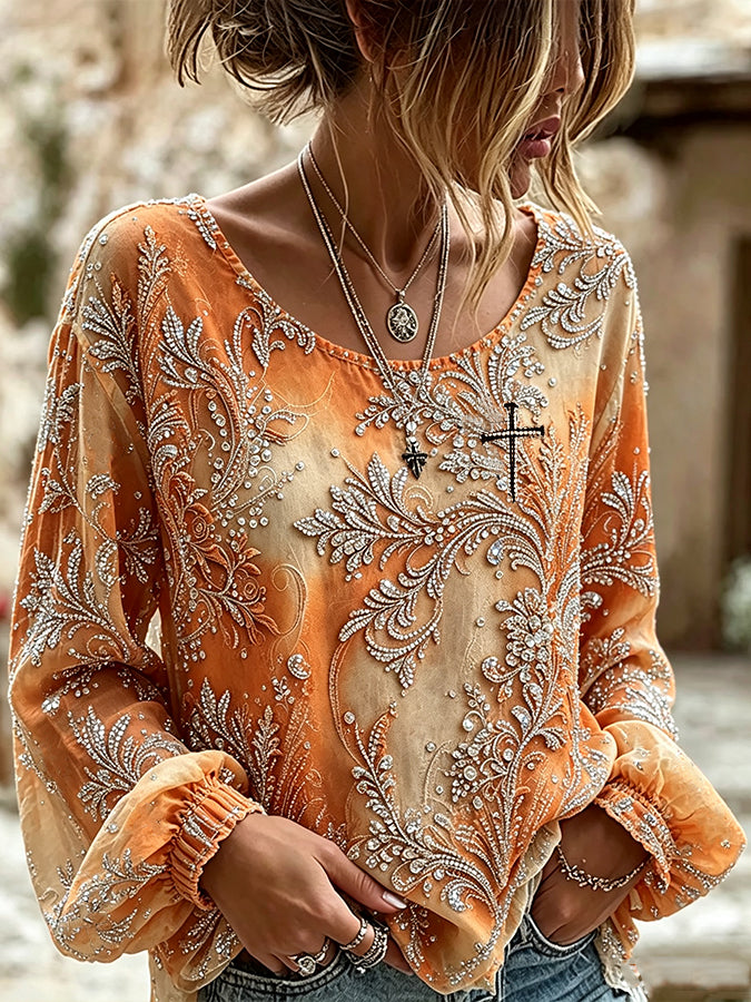 Women'S Floral Printed Casual Cotton And Linen Top
