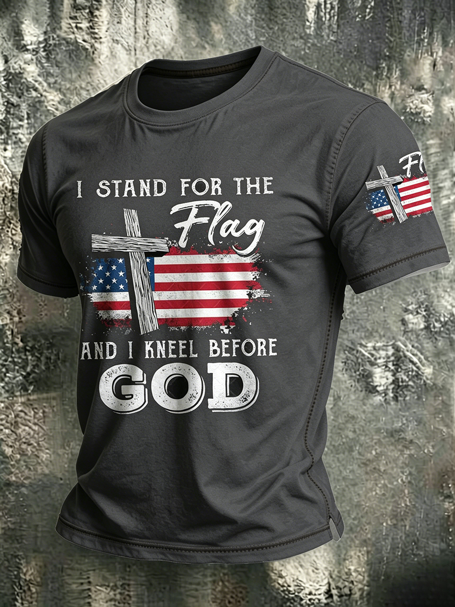 American Faith Cross Slogan Commemorative Print Round Neck T-Shirt