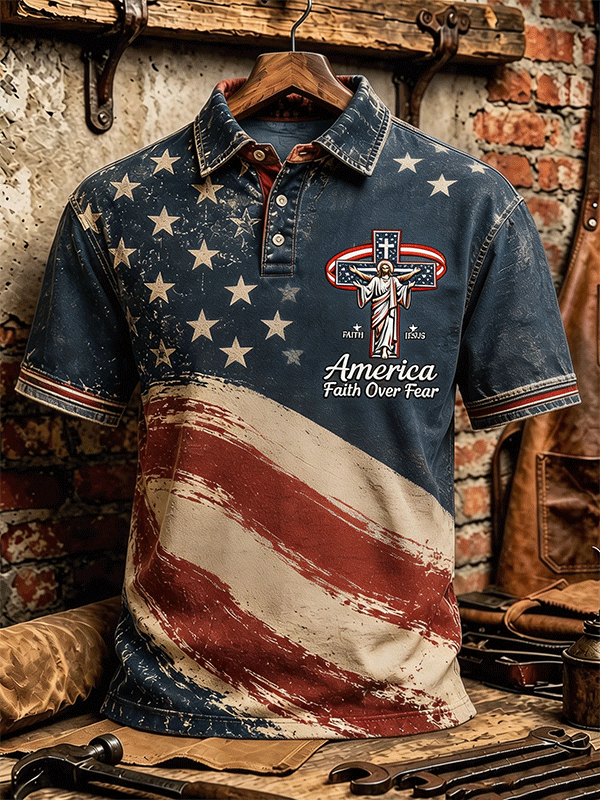 Men's Vintage Distressed American Flag Jesus Cross Faith Over Fear Short Sleeve Casual Polo Shirt