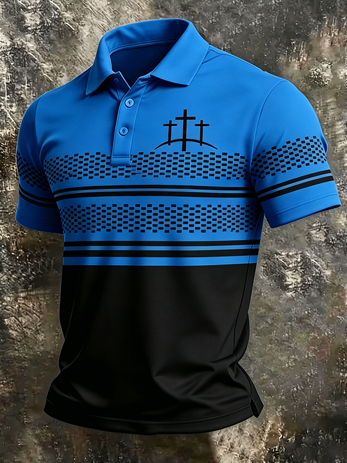 Men's Three Crosses Christian Print Polo Shirt