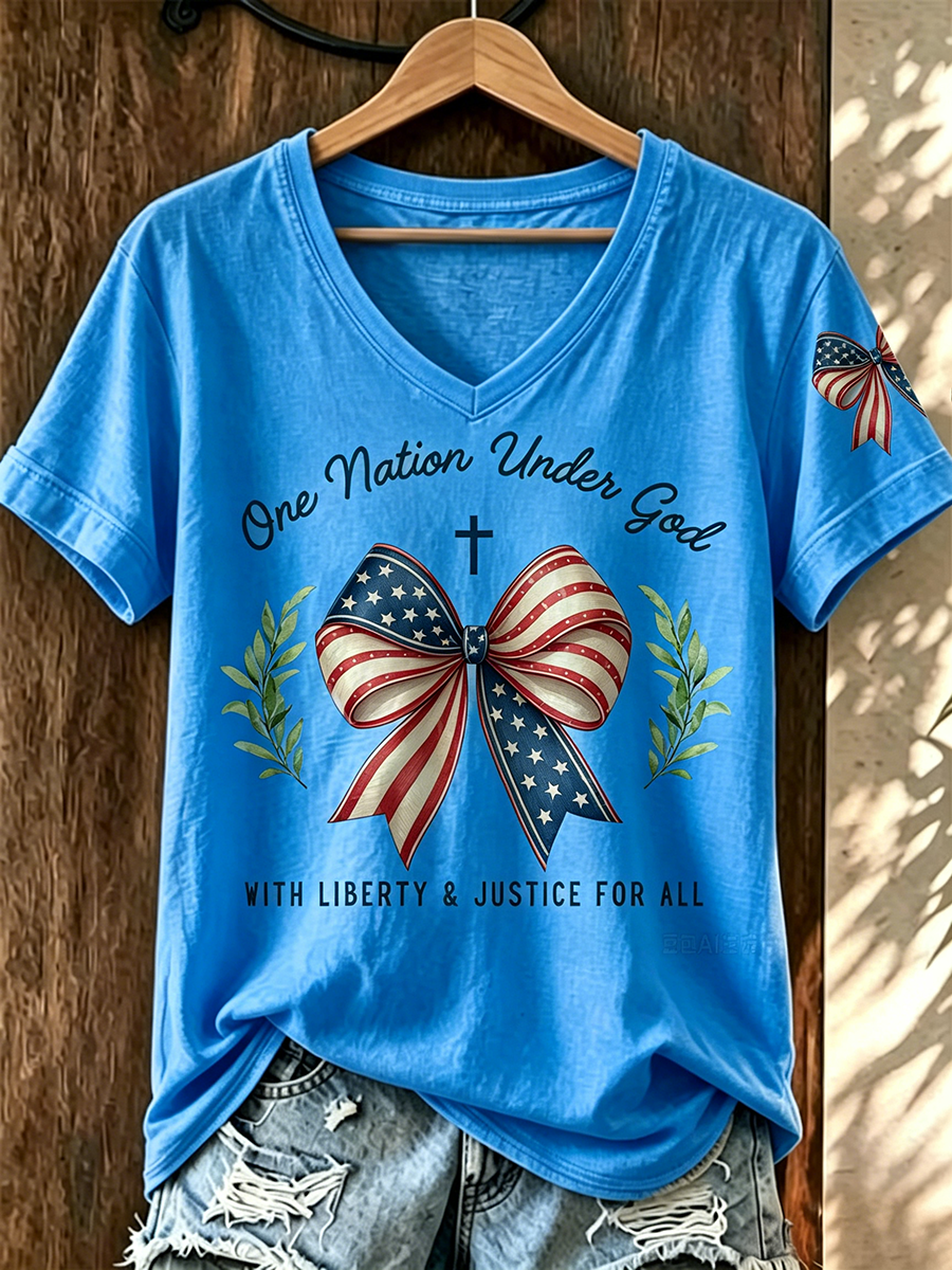 American Flag Faith Cross Commemorative Print V-neck Top