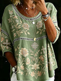 Women's Cross-Shaped Rhinestones & Floral Patterns Linen Shirt