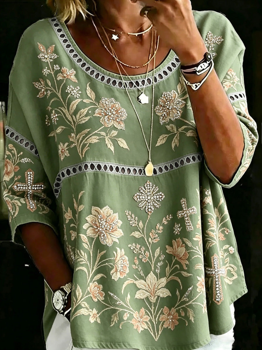 Women's Cross-Shaped Rhinestones & Floral Patterns Linen Shirt