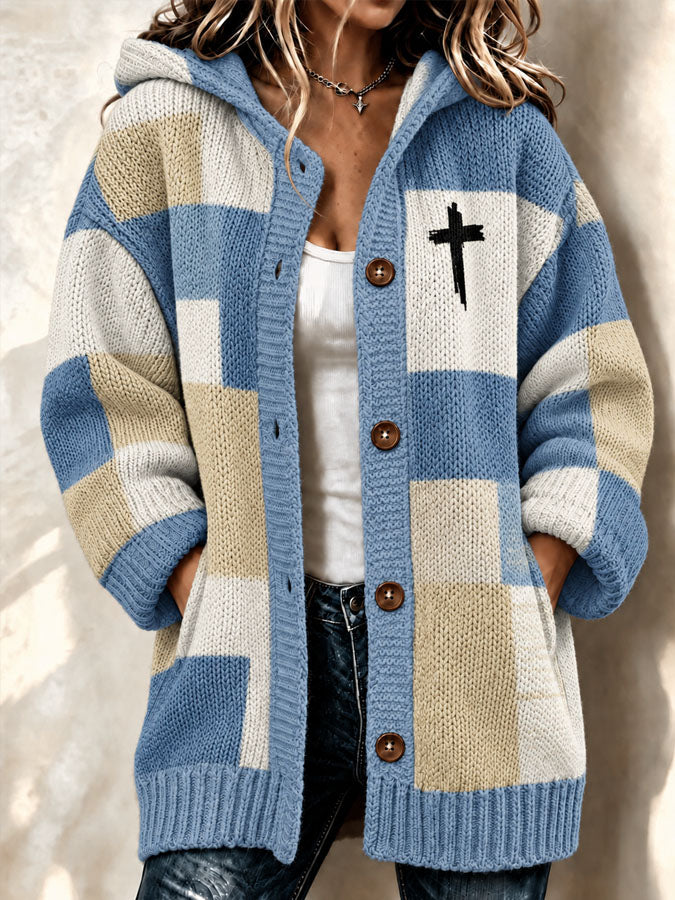 Women's Faith Cross Printed Knitted Cardigan