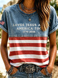 Women's Retro Loves Jesus and America Too1776-2026 American Flag T-shirt