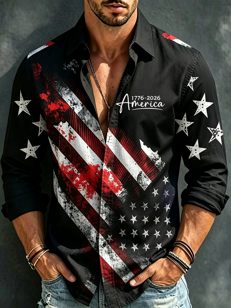 Men's American Flag Independence Day Print Long Sleeve Shirt