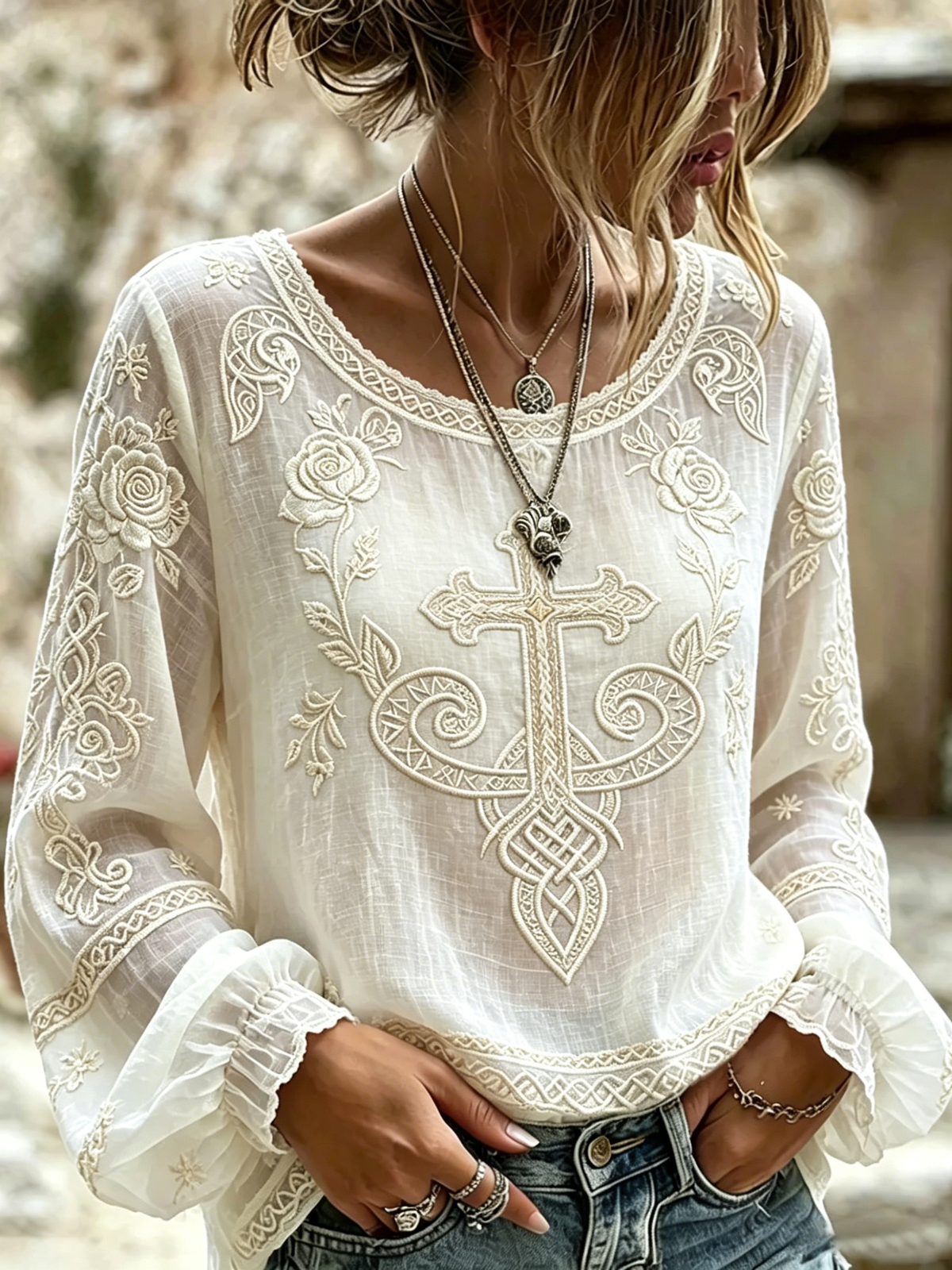 Cotton Linen Flower Embroidery Faith Cross Print Long Sleeve Round Neck T-Shirt