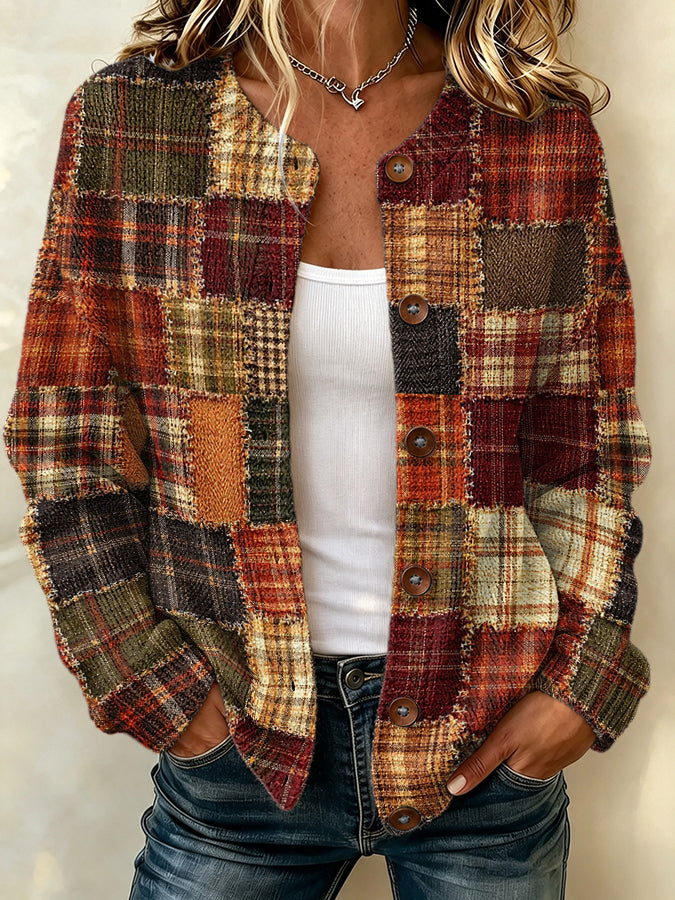 Women'S Autumn Plaid Patchwork Button Knit Cardigan