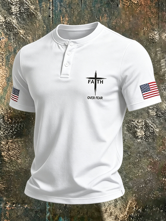 Men's Faith Over Fear American Flag Christian Henley Shirt