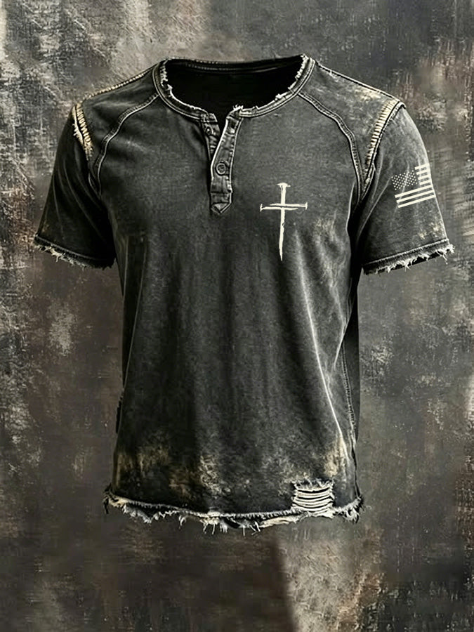 Men'S Faith Cross Washed Henry Button Up Shirt