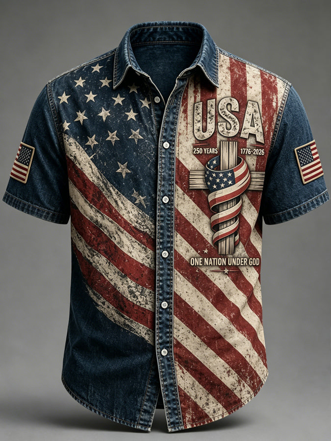Men'S Faith And Flag Print Casual Short Sleeved Shirt
