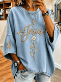Women's Jesus Floral Daisy Embroidery Chi Rho Cross Sleeve Oversized Blouse