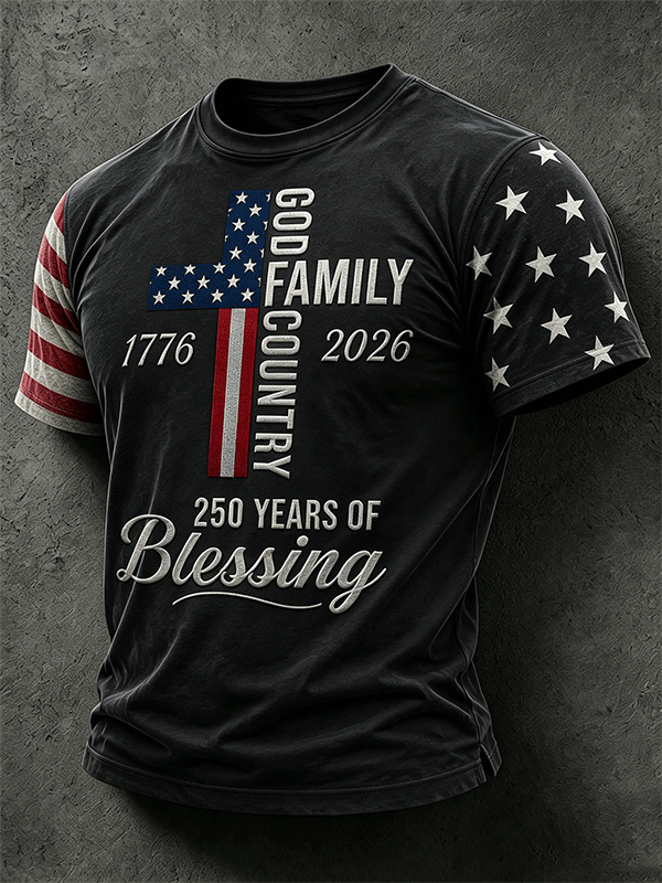 Men's USA Flag Cross Star Sleeve Print 250th Anniversary Casual T-Shirt