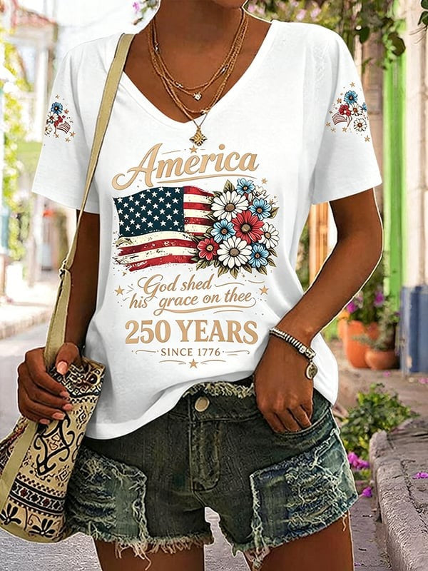 1776-2026 American Women'S 250Th Anniversary Printed V-Neck T-Shirt