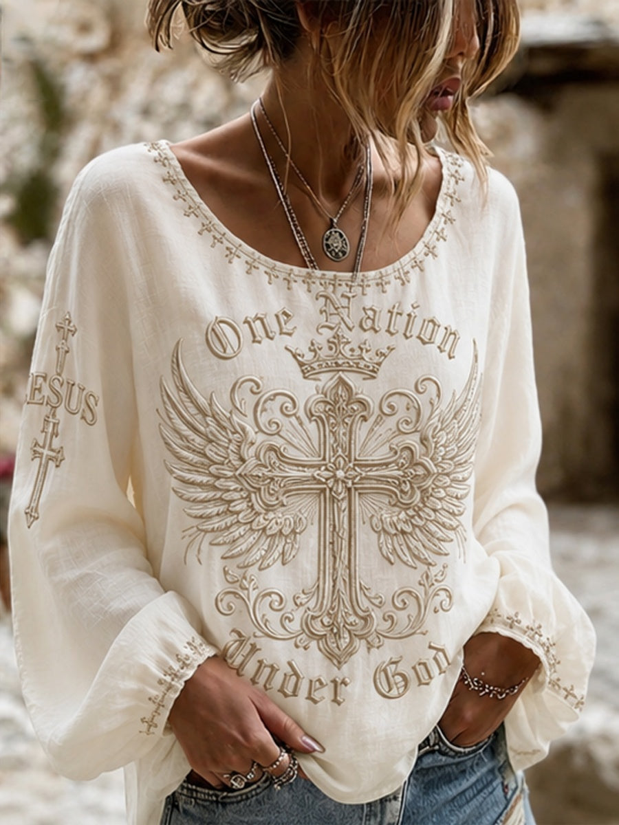 “One Nation Under God” Cross-Print Women's Linen Shirt