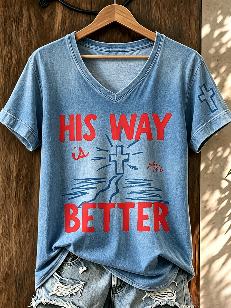 Faith In Jesus Slogan Commemorative Print V-Neck T-Shirt
