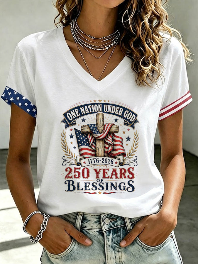 Women'S One Nation Under God 250Th Anniversary Patriotic Printed Casual T-Shirt