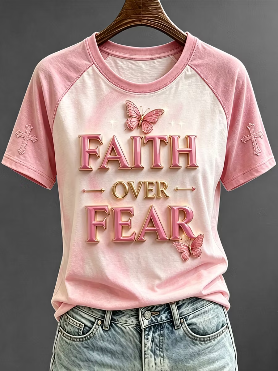 Women's Faith Over Fear Butterfly Print Round Neck Short Sleeve T-shirt