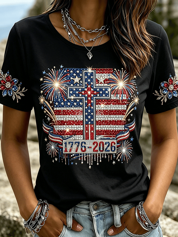 American Patriotic Retro Pattern Printed Comfortable Round Neck T-Shirt