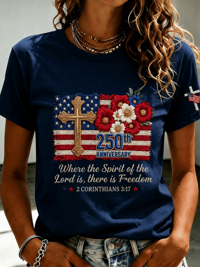 Women'S Patriotic Faith Cross Print T-Shirt